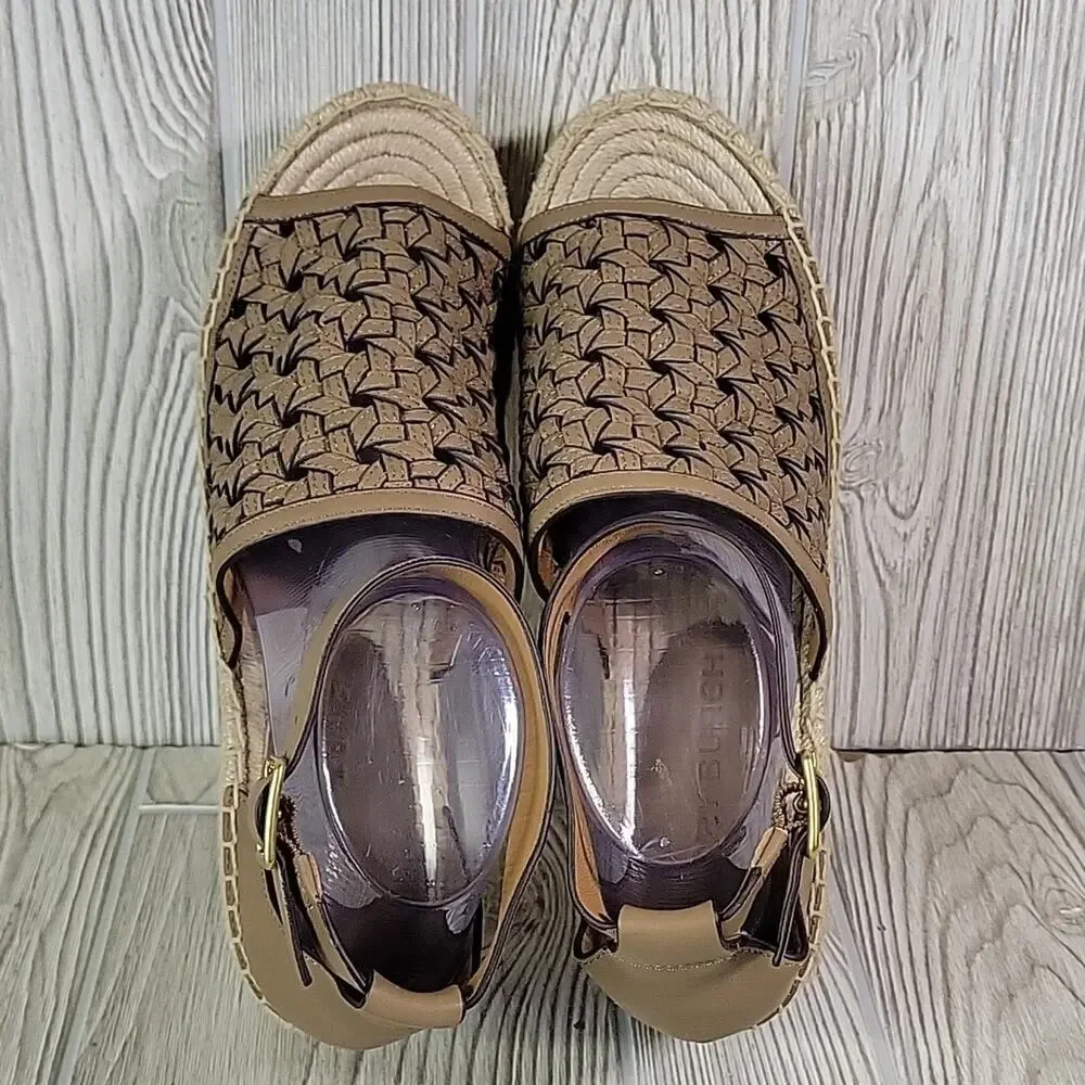 Tory Burch Basketweave Espadrille Wedge Leather Sandals Womens 10.5 NEW